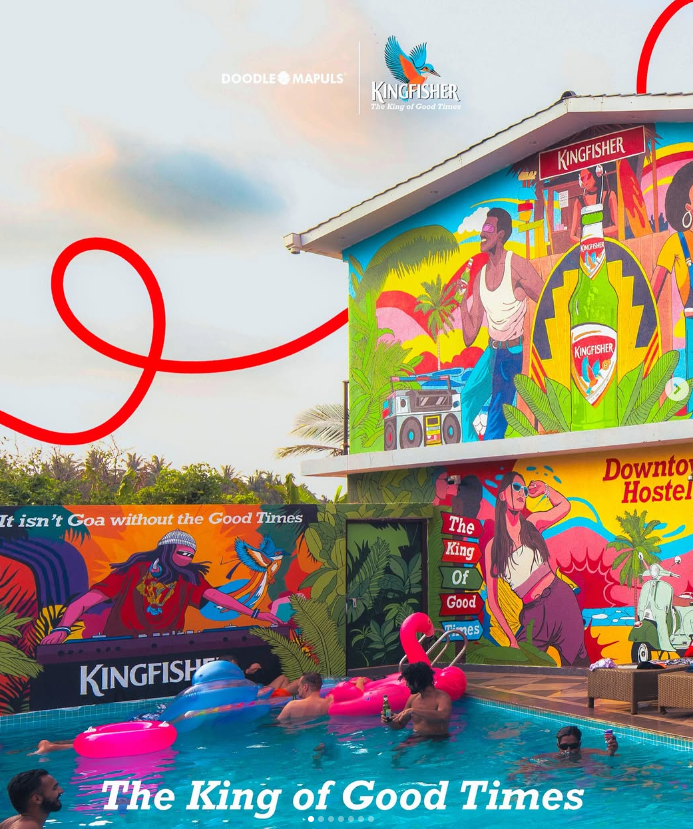 Illustrated hostel facade artwork with the line The King of Good Times